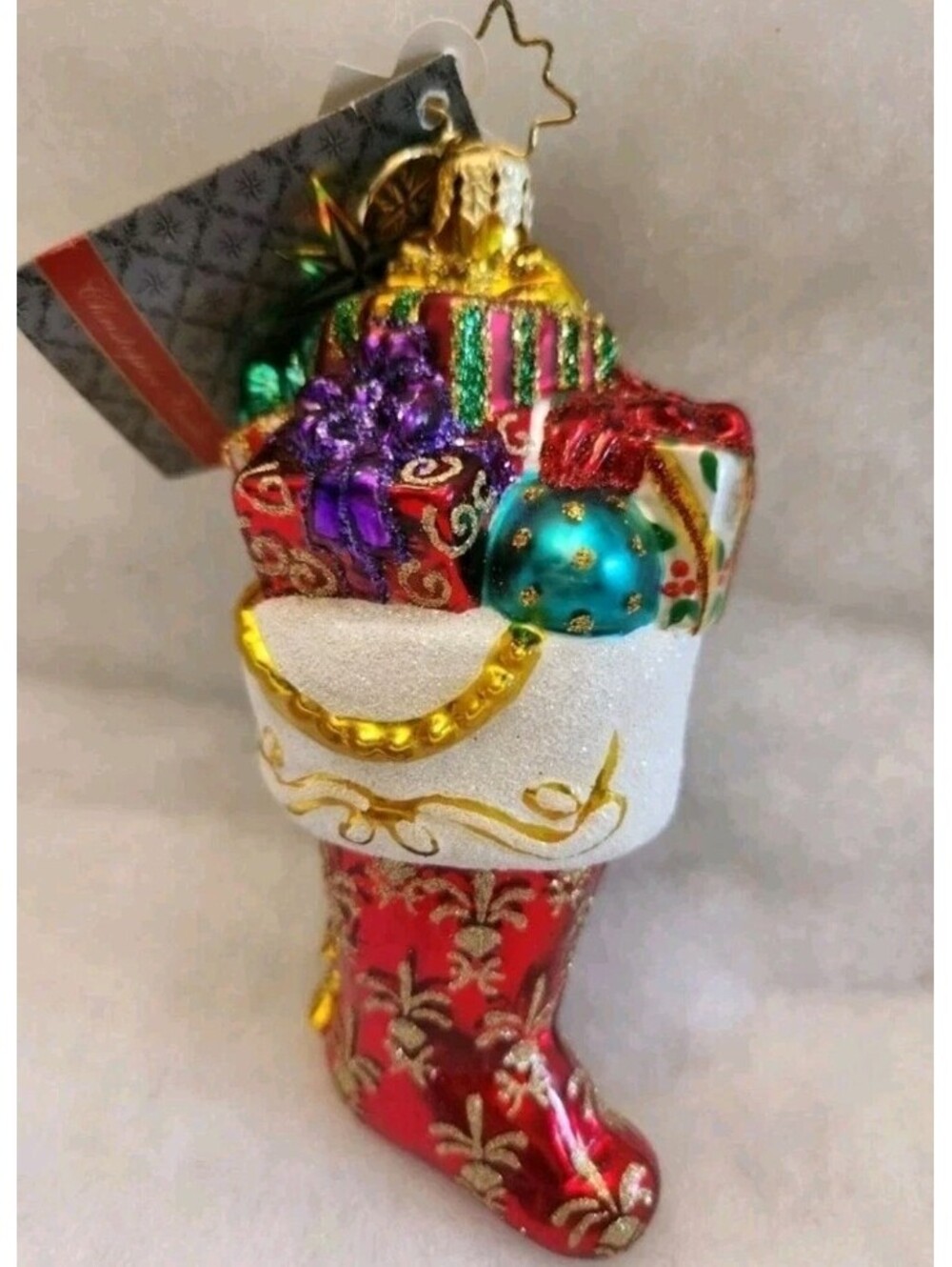 Christopher Radko Stocking &Gifts Rare, New w/tag Handpainted Glass Ornament 6"